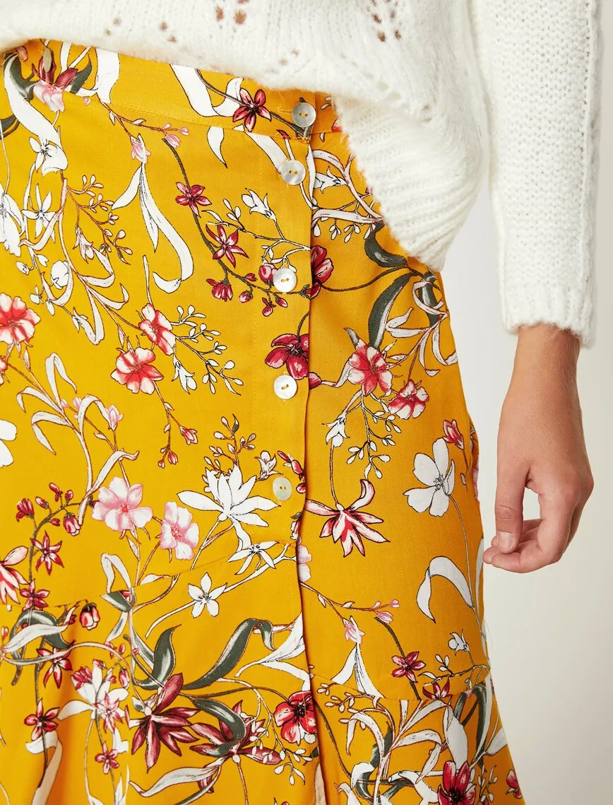 12287 Yellow Floral Midi Skirt