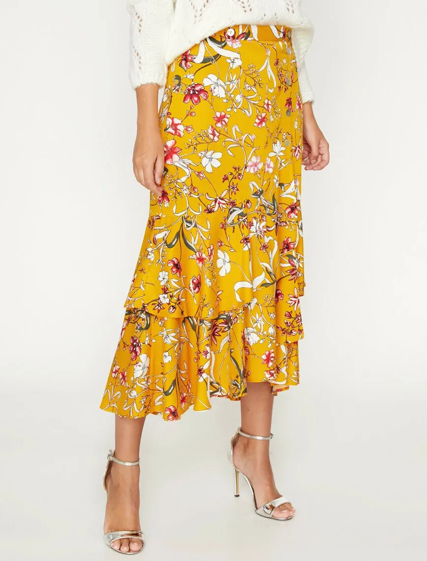 12287 Yellow Floral Midi Skirt