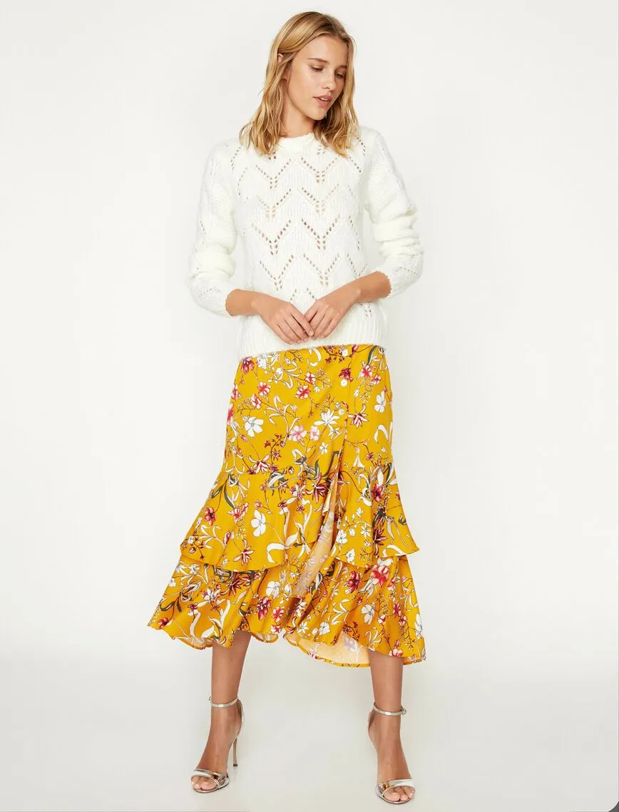 12287 Yellow Floral Midi Skirt