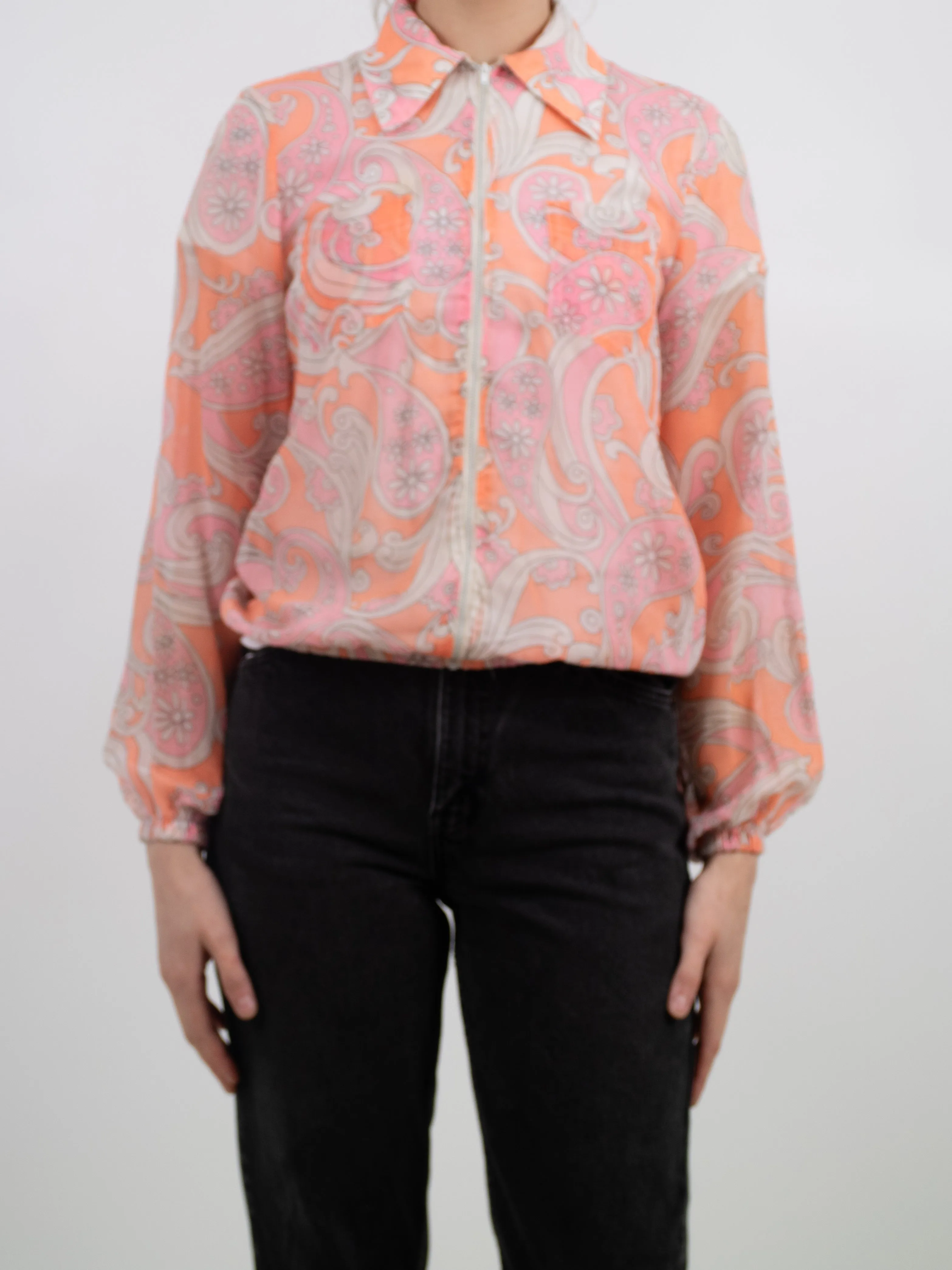 1960s Lightweight Cotton Mod Orange and Pink Floral Front-zip Jacket