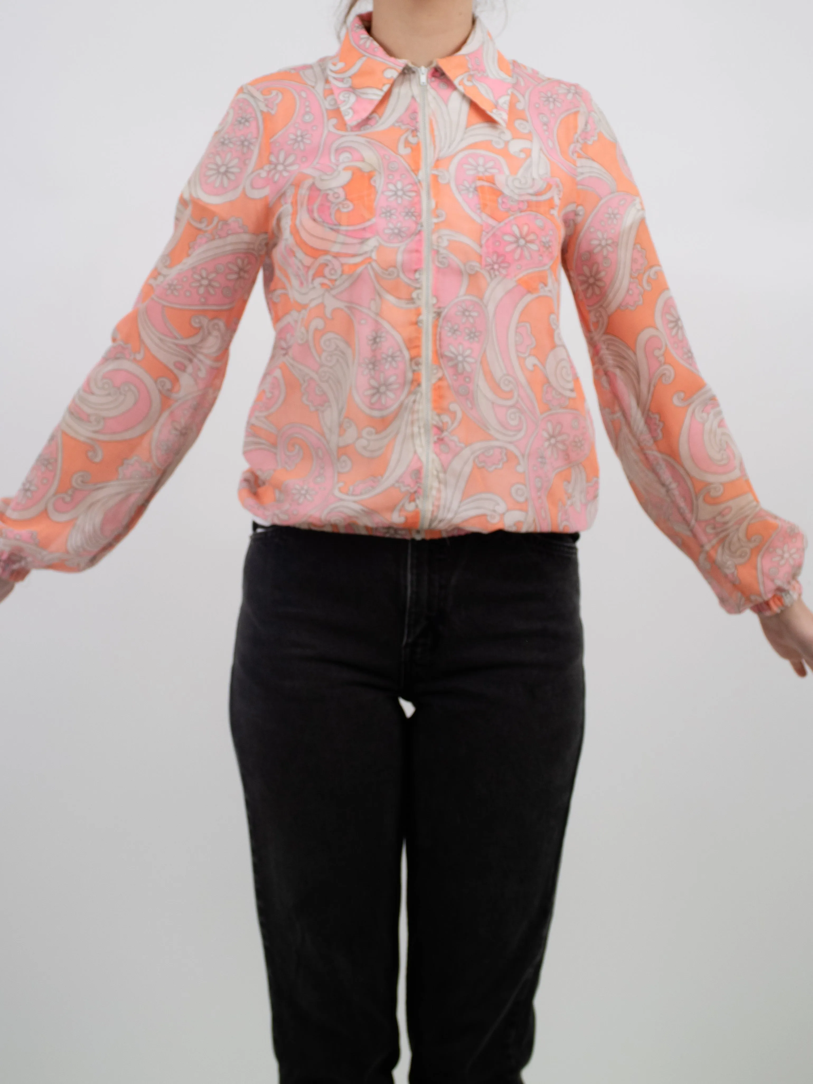 1960s Lightweight Cotton Mod Orange and Pink Floral Front-zip Jacket