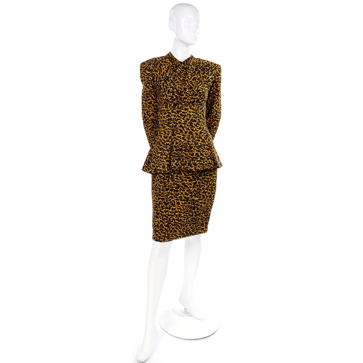 1980s Vicky Tiel Peplum Top & Skirt Suit 2 Pc Dress Yellow & Black Abstract Silk