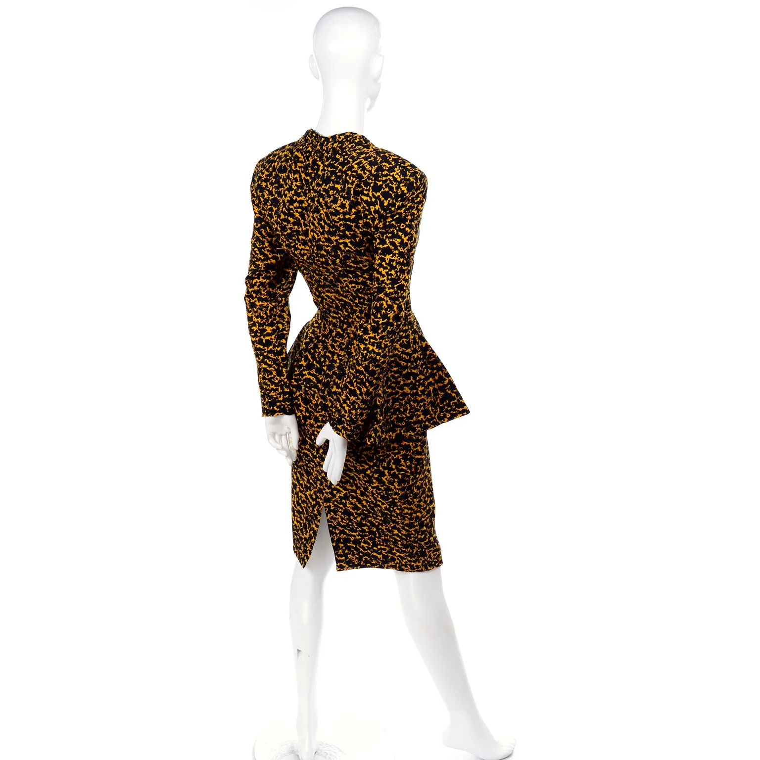 1980s Vicky Tiel Peplum Top & Skirt Suit 2 Pc Dress Yellow & Black Abstract Silk