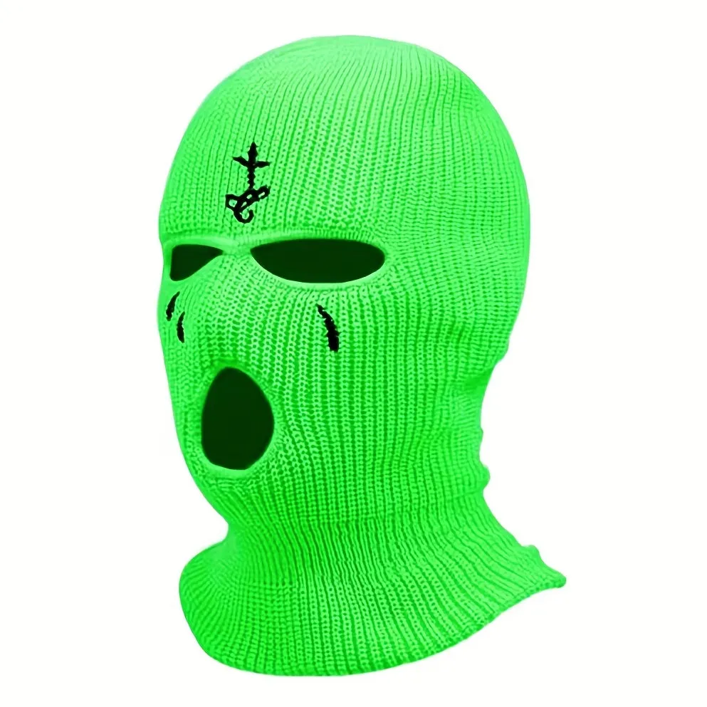 1pc Fashion Embroidered Knitted Ski Mask Winter Balaclava 3 Hole Knitted Ski Neck Warmer Warm Knitted Hat