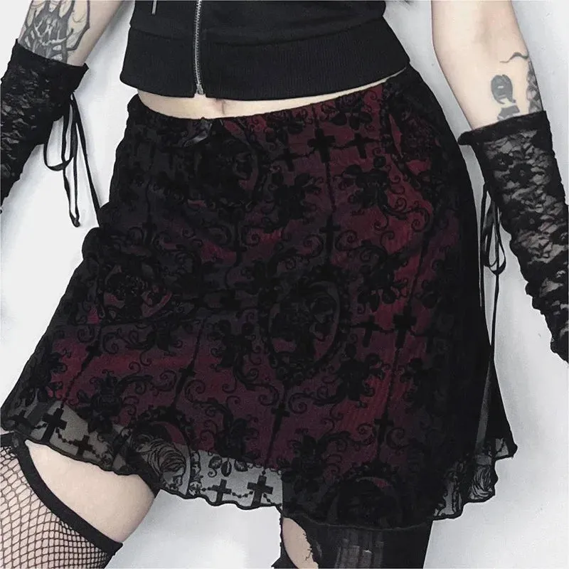 2024 Gothic Women Flocked Double Layer Mini Skirt