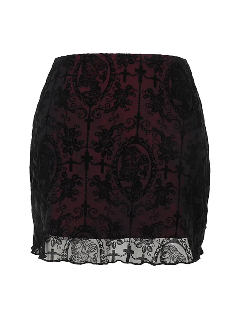 2024 Gothic Women Flocked Double Layer Mini Skirt