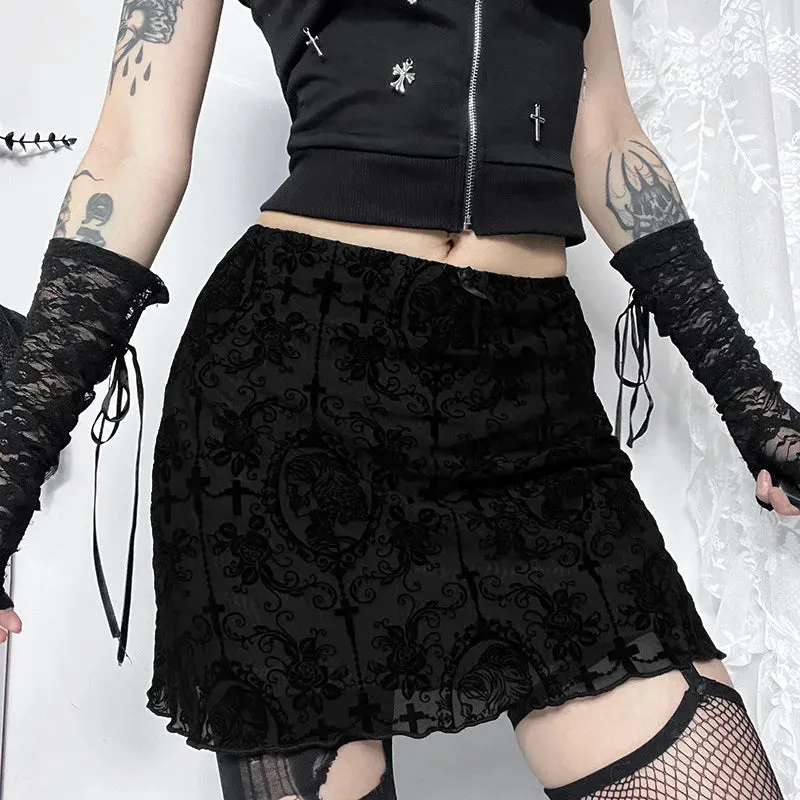 2024 Gothic Women Flocked Double Layer Mini Skirt