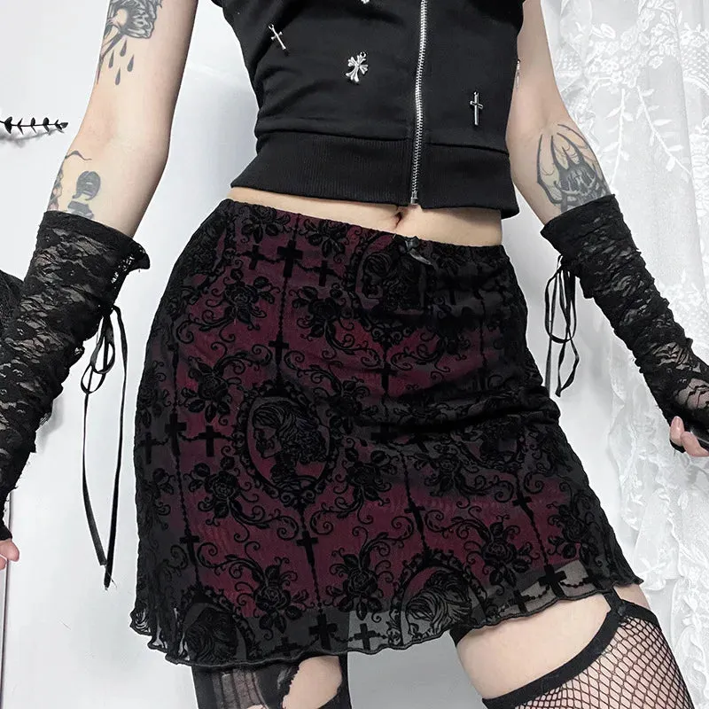 2024 Gothic Women Flocked Double Layer Mini Skirt