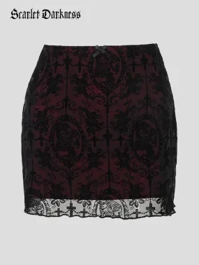 2024 Gothic Women Flocked Double Layer Mini Skirt