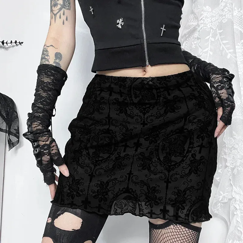 2024 Gothic Women Flocked Double Layer Mini Skirt