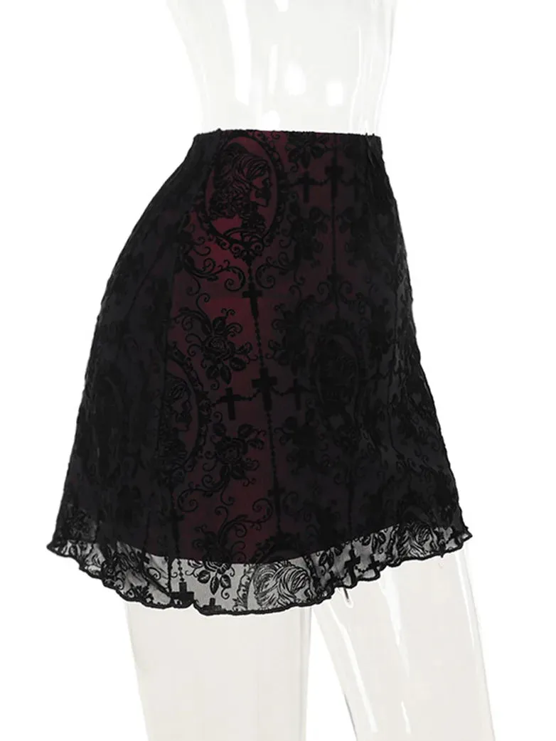 2024 Gothic Women Flocked Double Layer Mini Skirt