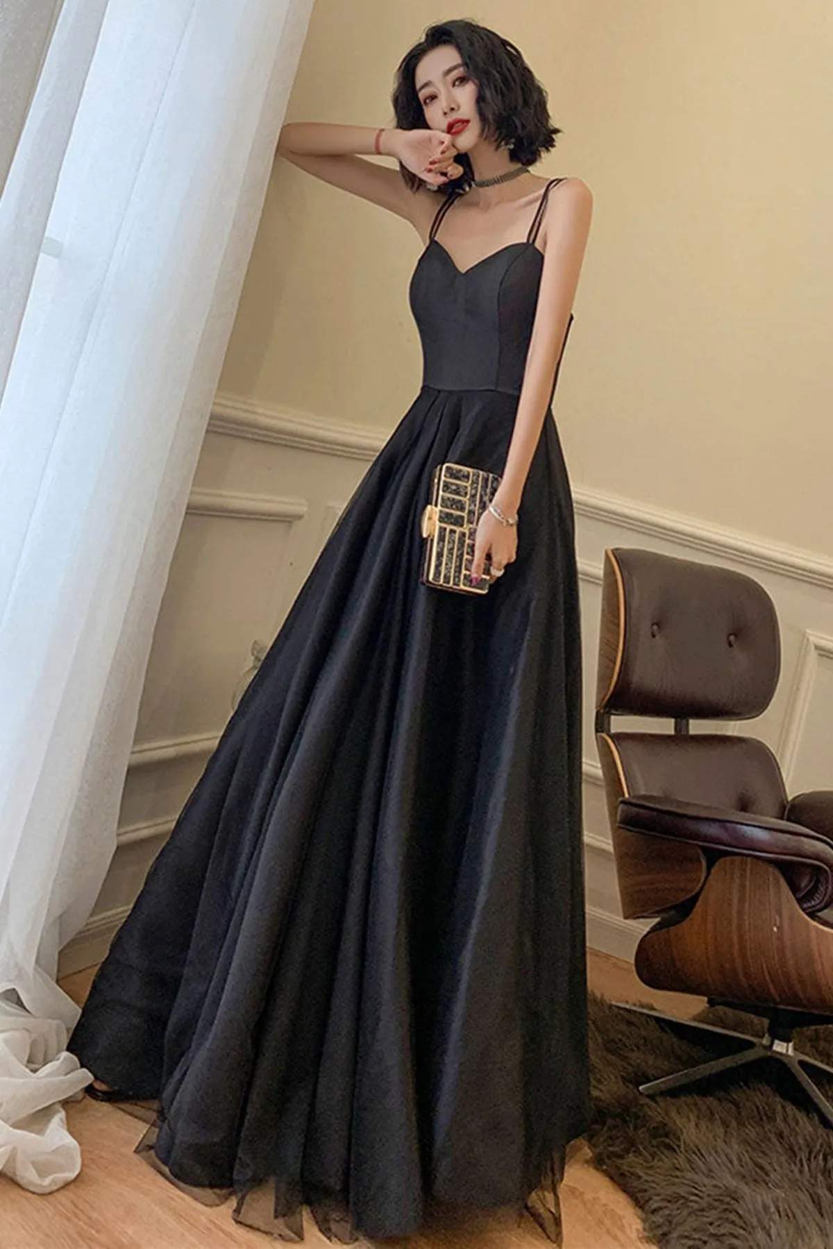 A Line Open Back Black Long Prom Dress, Long Black Formal Graduation Evening Dress A1687