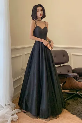 A Line Open Back Black Long Prom Dress, Long Black Formal Graduation Evening Dress A1687