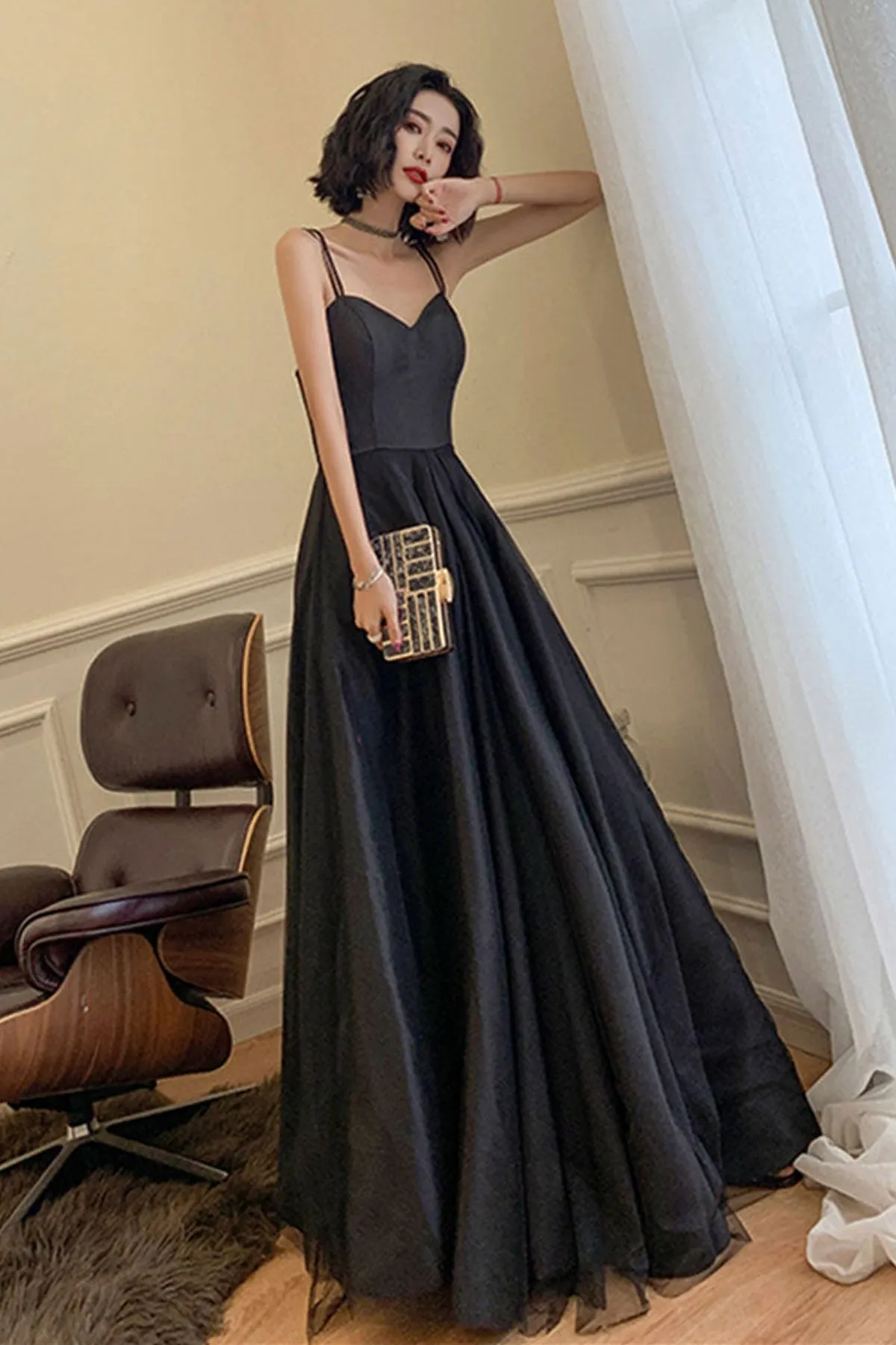 A Line Open Back Black Long Prom Dress, Long Black Formal Graduation Evening Dress A1687