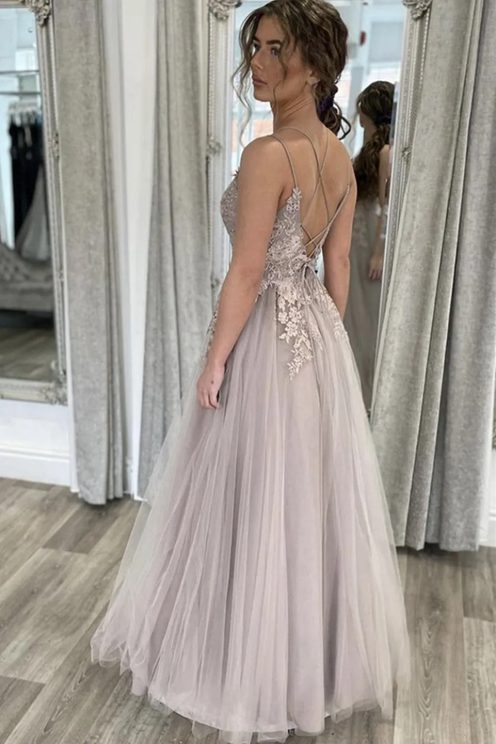 A Line Open Back Thin Strap Gray Lace Long Prom Dresses, Gray Lace Floral Formal Evening Dresses