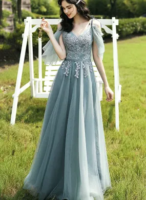 A-line Tulle with Lace Off Shoulder V-neckline Prom Dress, Green Formal Dress