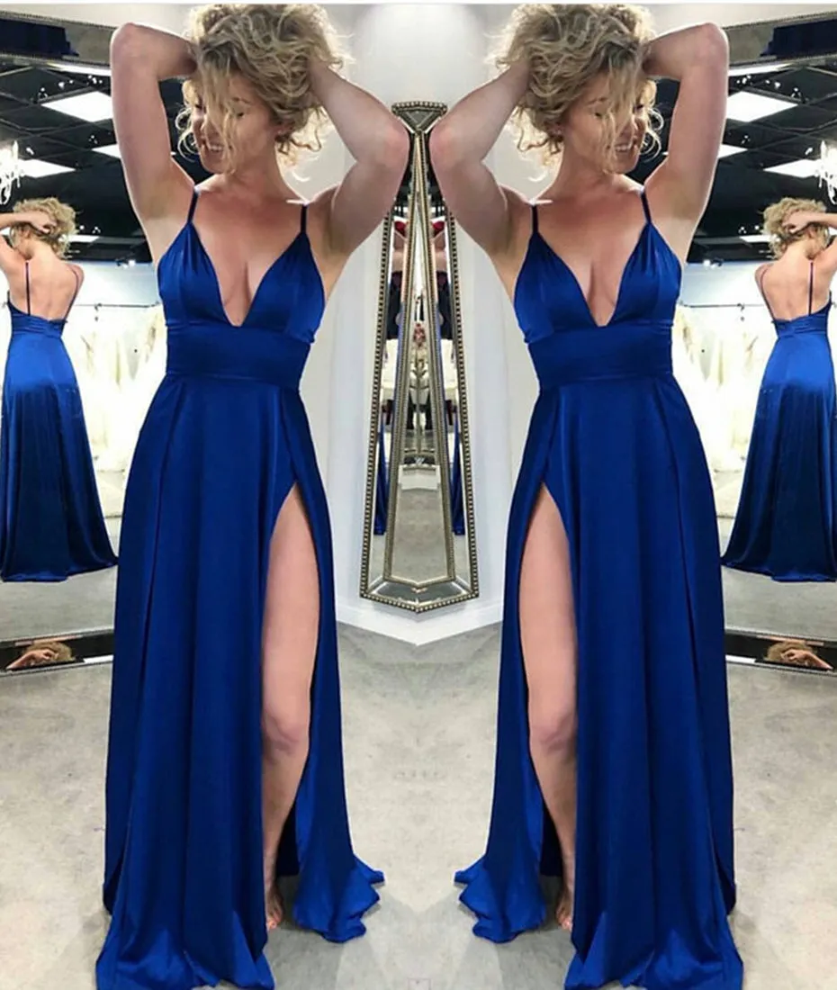 A Line V Neck Backless Royal Blue Satin Long Prom Dresses with High Slit, Backless Royal Blue Formal Evening Graduation Dresses