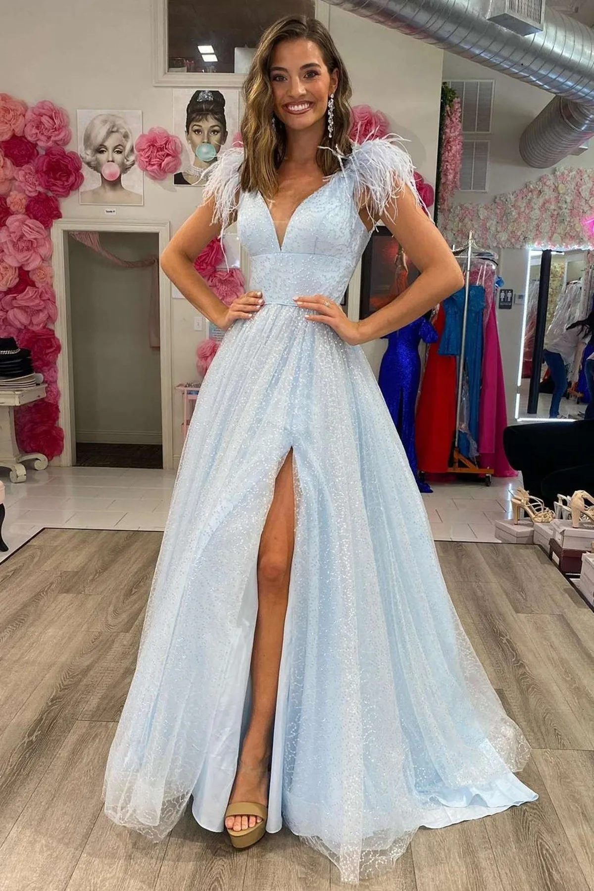 A Line V Neck Light Blue/White Long Prom Dress with High Slit, Light Blue/White Formal Graduation Evening Dress A1756