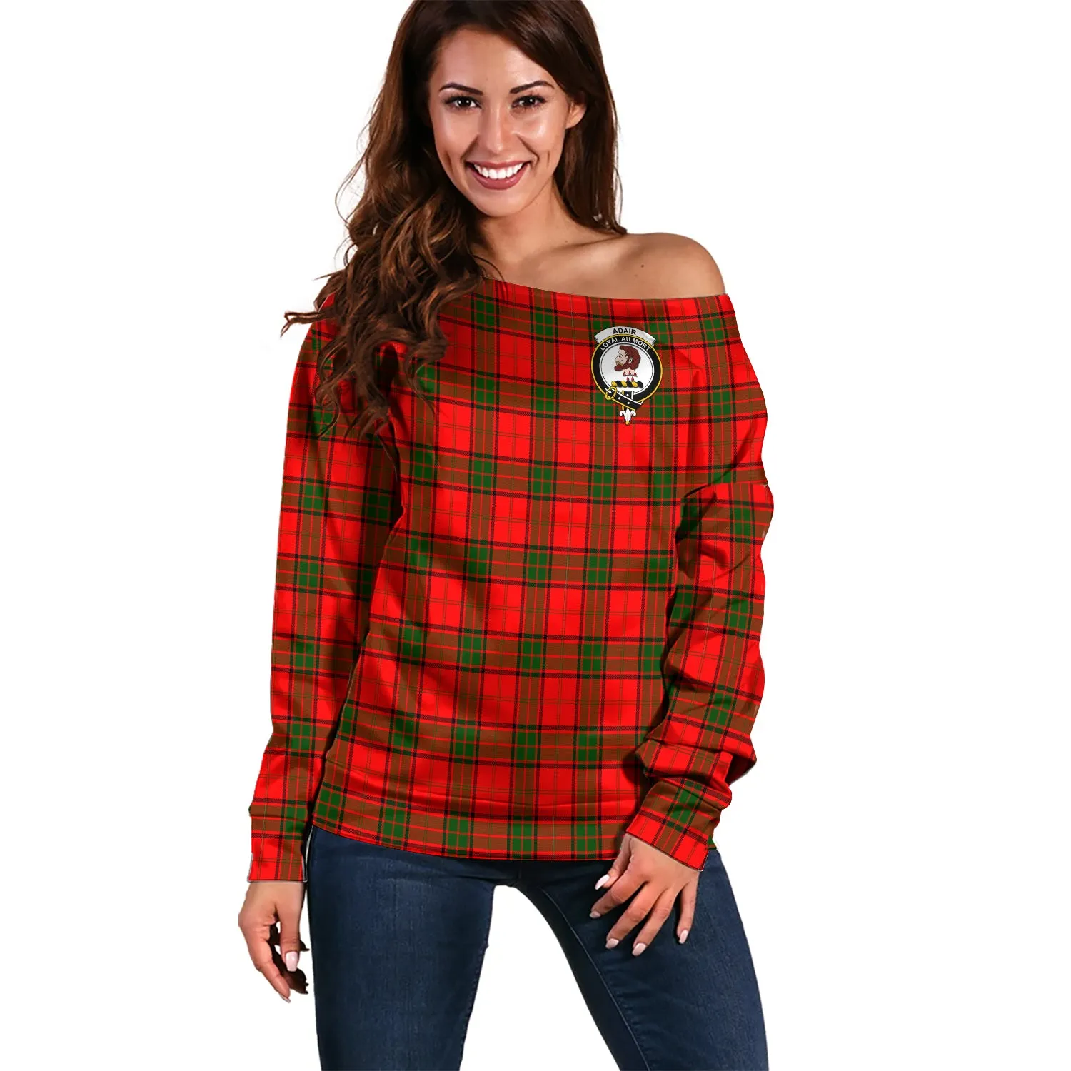 Adair Tartan Off Shoulder Women Sweater with Family Crest