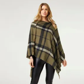 Adela Supersoft Plaid Poncho with Buttons Olive and Black