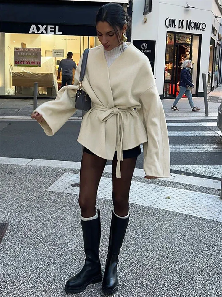 Advbridge Lace-Up White V-Neck Overcoat Female Loose High Street Long Sleeve Autumn 2024 Patchwork Coat Women's Bandage Outwear New