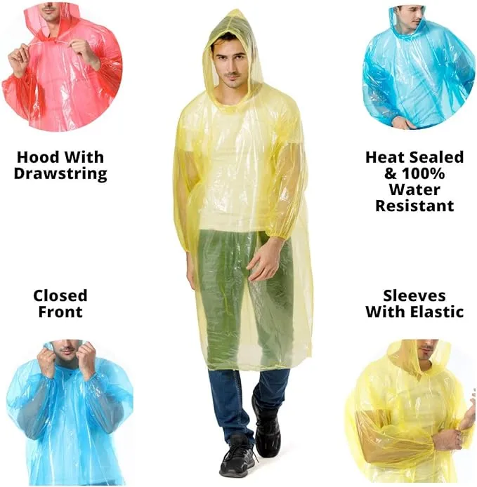 Alfachy Pack of 5 Disposable Light Weight Rain Poncho for Adults