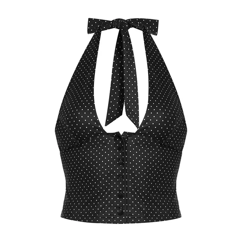 Amozae Polka Dot Print Halter V Neck Camisole Sexy Backless Skinny Black Button Up Tank Top Fashion Street Outfits Elegant