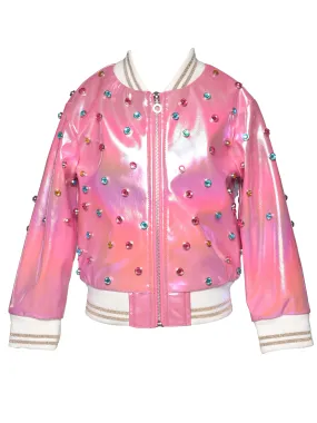 Baby Sara Faux Leather Jeweled Bomber Jacket