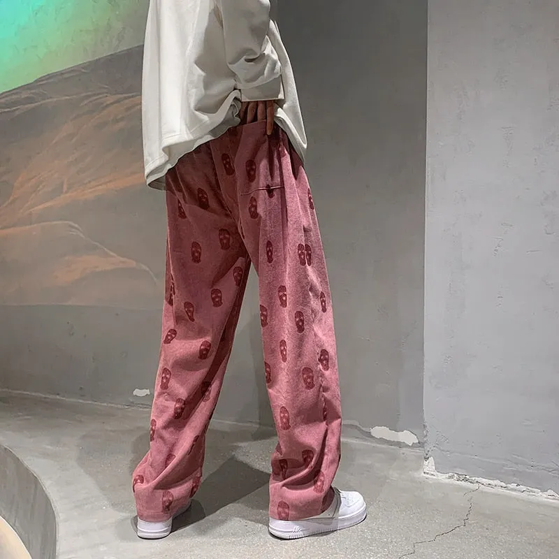 Baggy Corduroy Men Wide Pants Spring Fashion Design Print Trousers Hiphop Straight Sweatpants Oversized Bottoms Man Y2k Clothes