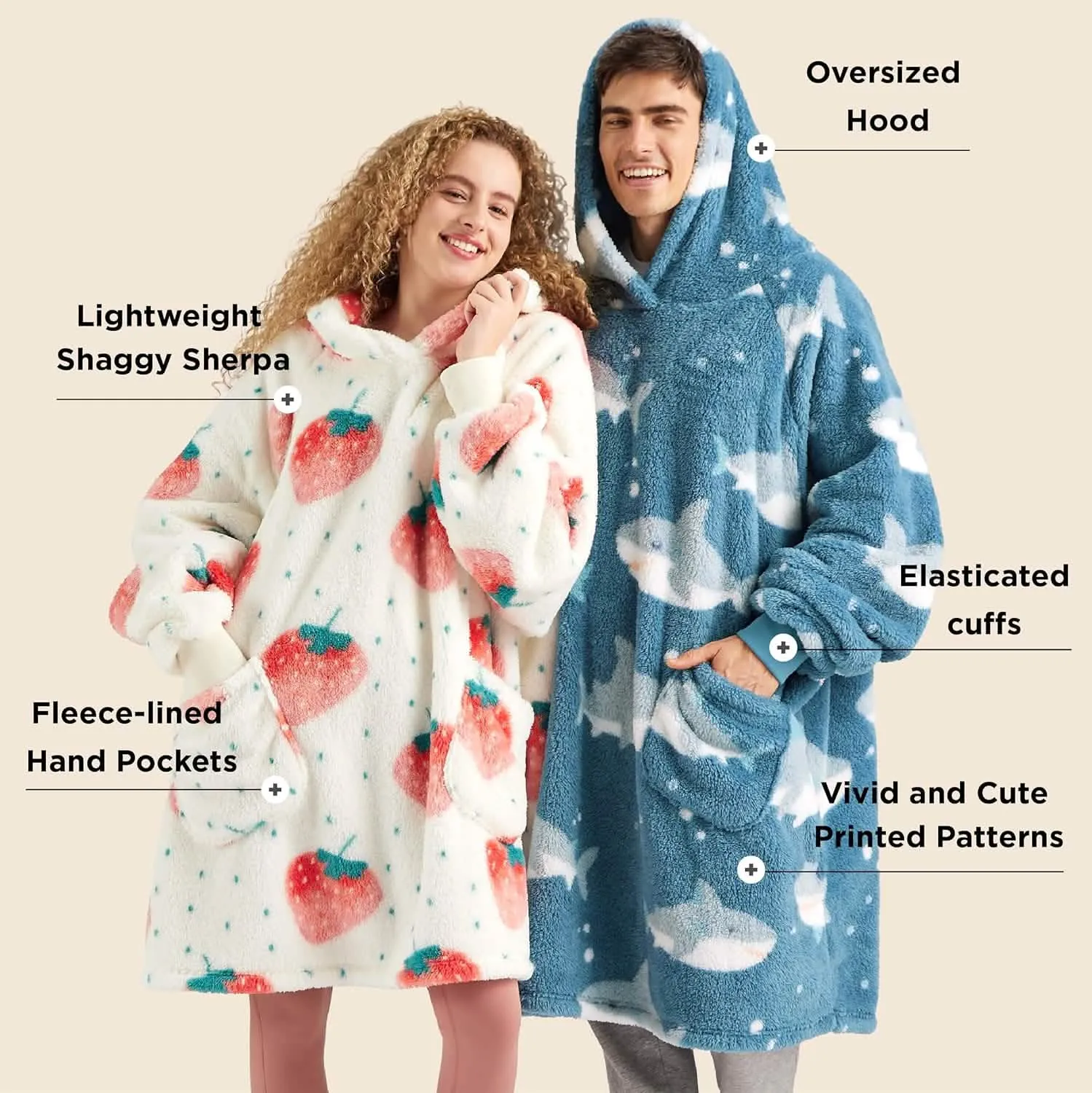 Bedsure Printed Shaggy Sherpa Blanket Hoodie Sky Blue