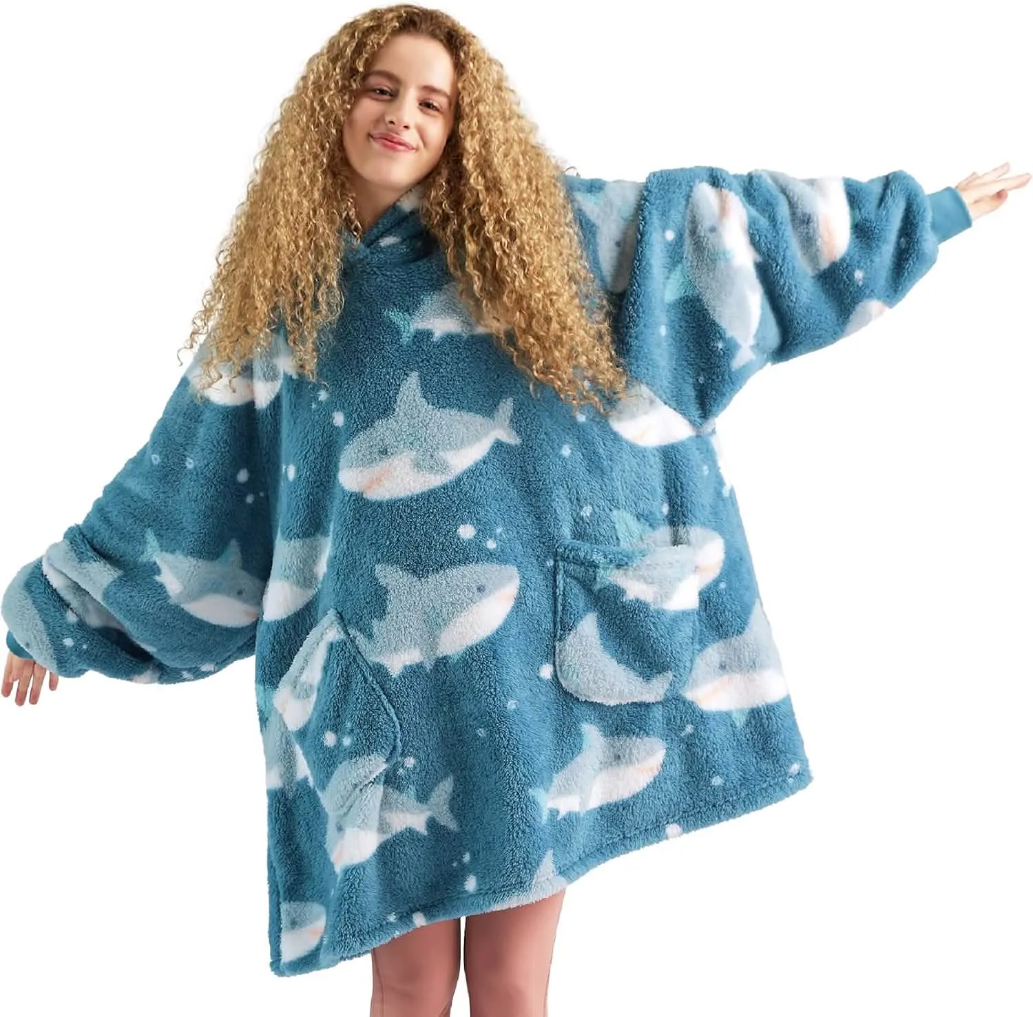 Bedsure Printed Shaggy Sherpa Blanket Hoodie Sky Blue