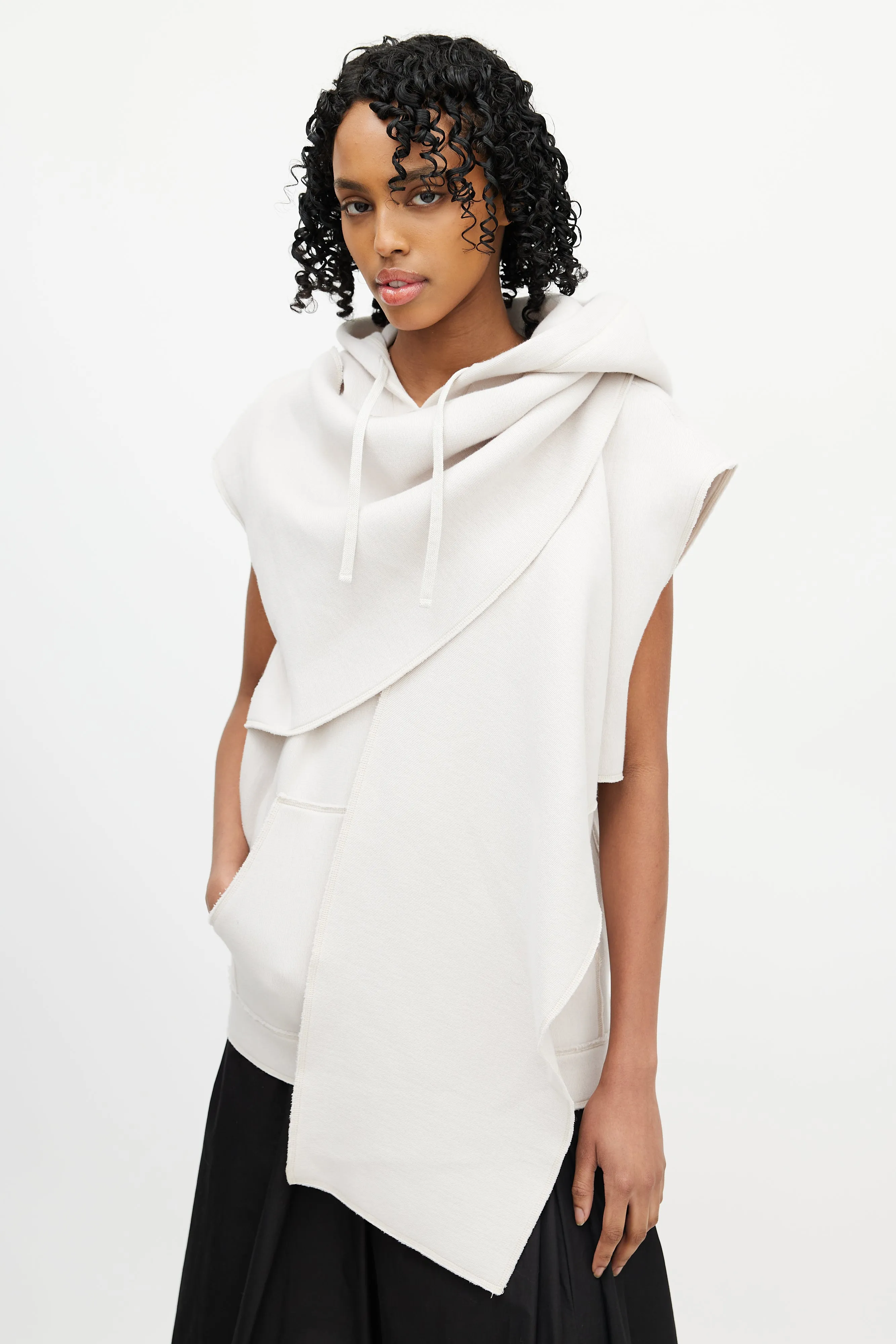 Beige Sleeveless Scarf Hoodie