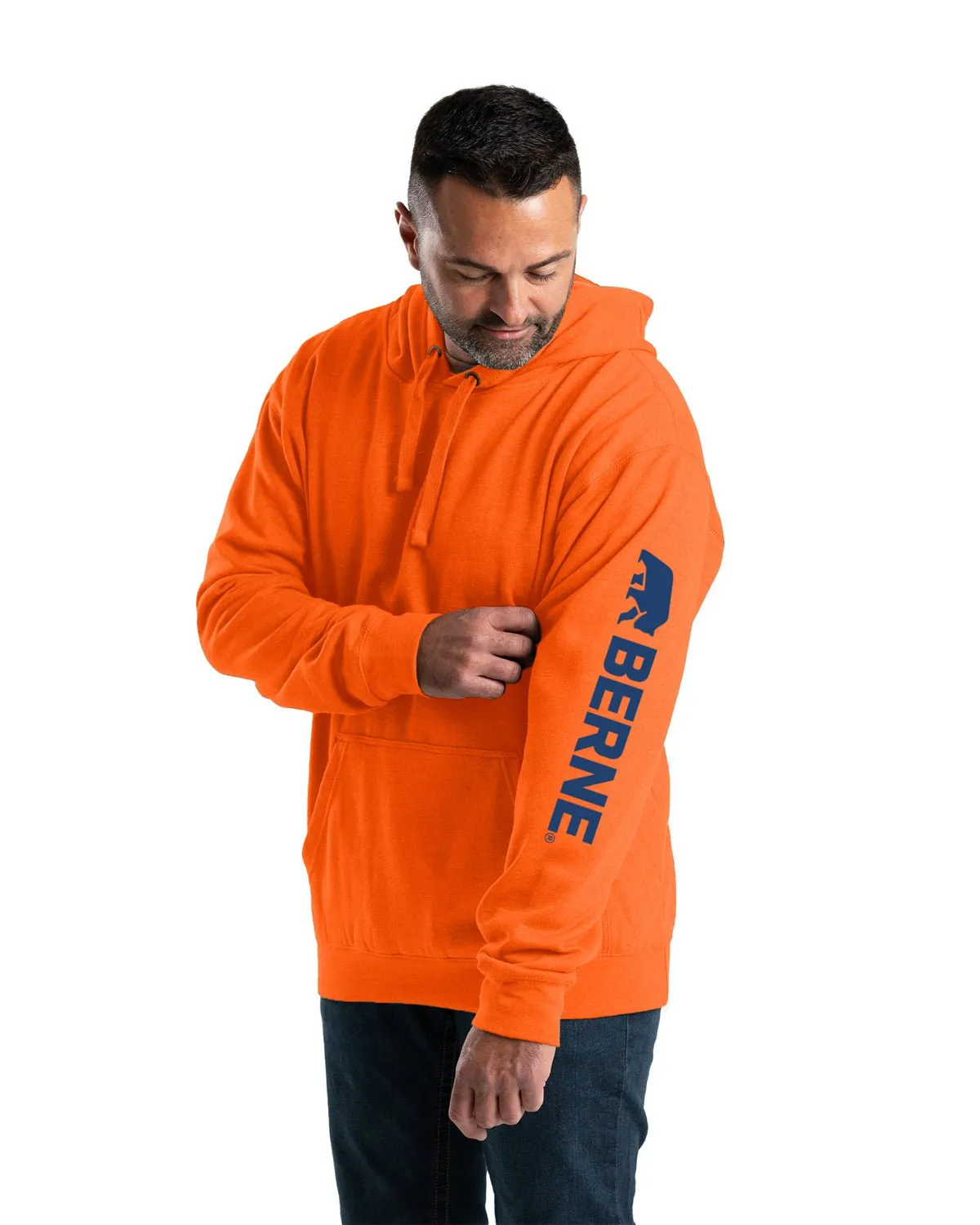 Berne Mens Signature Sleeve Pullover Orange Cotton Blend Hoodie