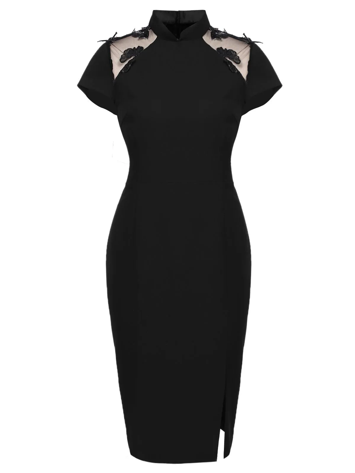 Black 1960s Butterfly Backless Pencil Dress