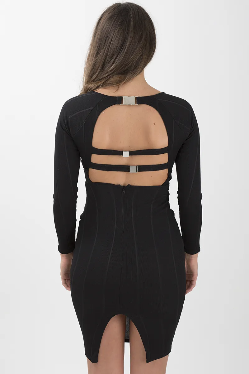 Black Bandage Bodycon Buckle Detail Midi Dress - Ella