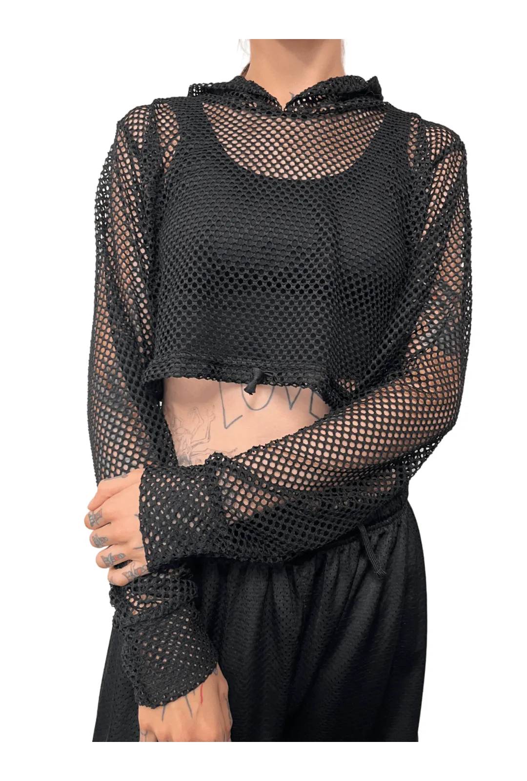 Black Fishnet Cropped Hoodie