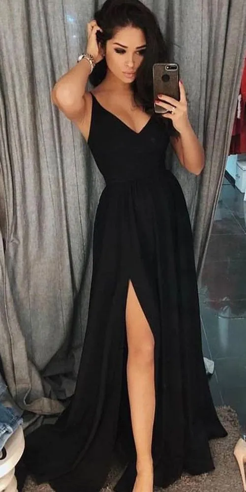 Black Prom Dress with Slit, Evening Dress, Dance Dress, Graduation School Party Gown, PC0446