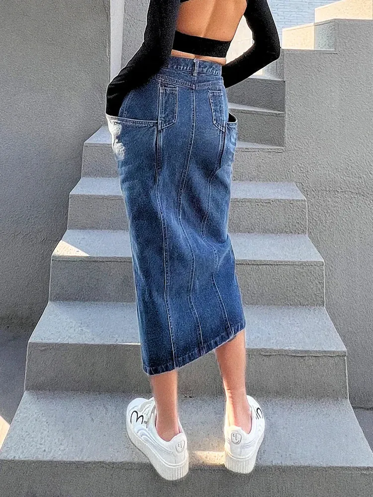 Blue Denim Skirt For Women High Waist Straight Split Solid Streetwear Midi Skirts Female Fashion Clothing