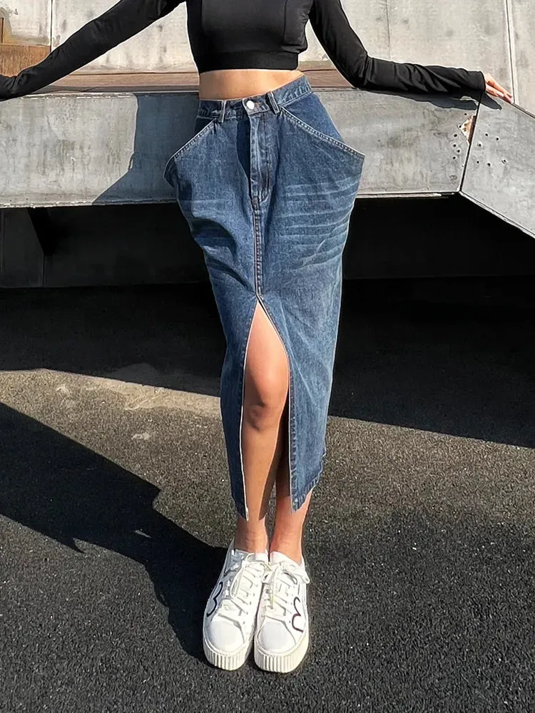 Blue Denim Skirt For Women High Waist Straight Split Solid Streetwear Midi Skirts Female Fashion Clothing