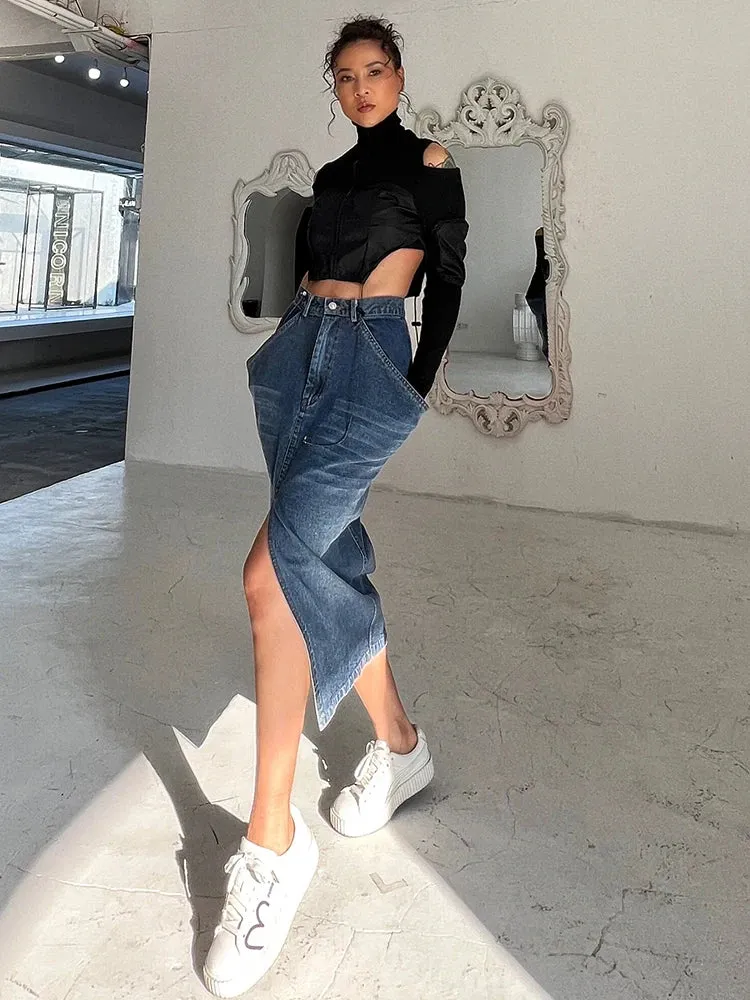 Blue Denim Skirt For Women High Waist Straight Split Solid Streetwear Midi Skirts Female Fashion Clothing