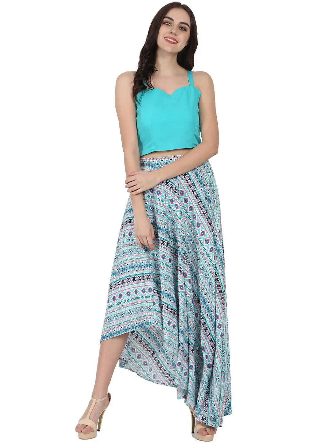 Blue Sleeveless Crepe Crop Top With Flared Printed Assymetric Skirt