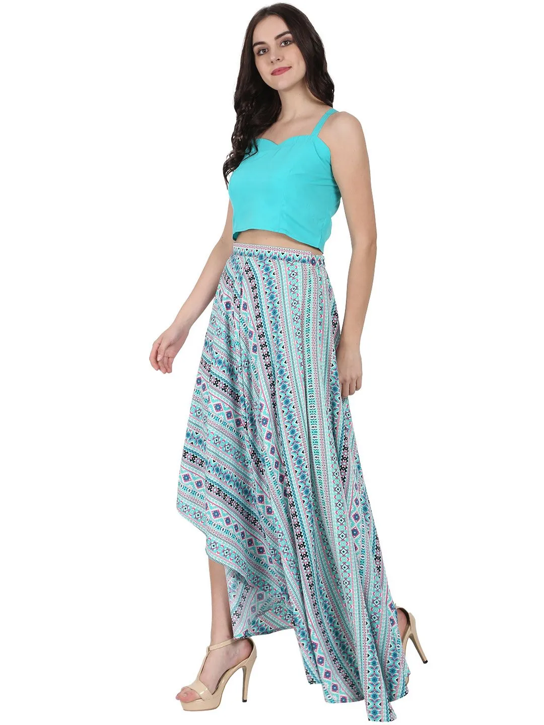 Blue Sleeveless Crepe Crop Top With Flared Printed Assymetric Skirt