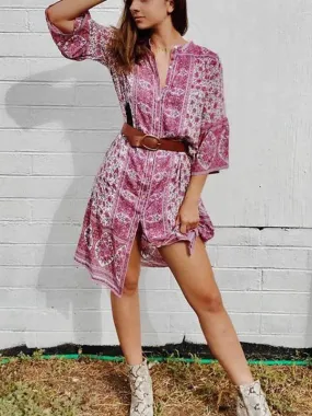 Bohemian Beach Button Print Midi Dress