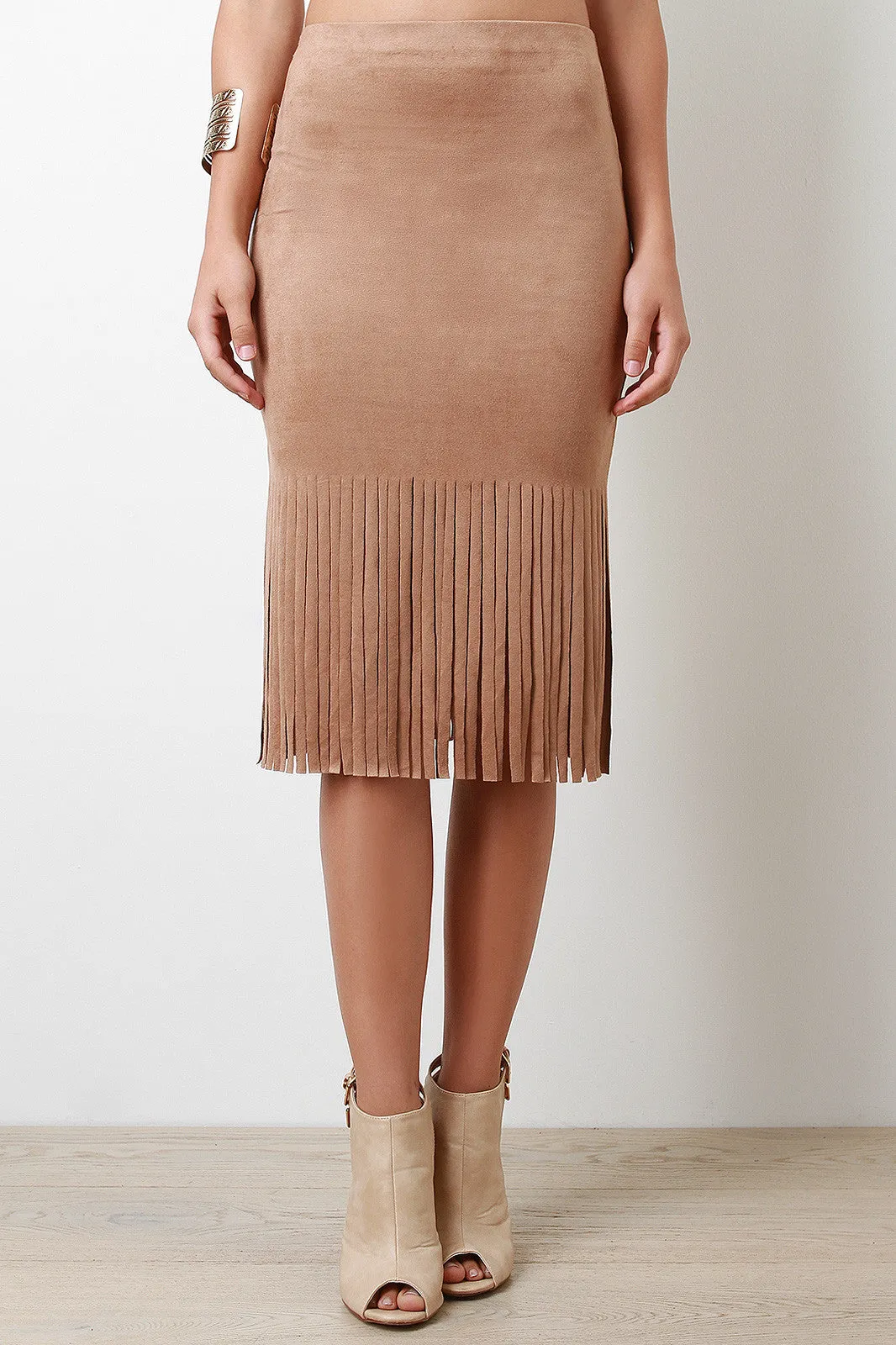 Bohemian Fringe Suede Midi Skirt