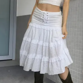 Boho Chic White Jacquard Low Waist Midi Skirt Summer Holidays Lace Up Fashion Female Skirt Ruffles Patchwork Stitched