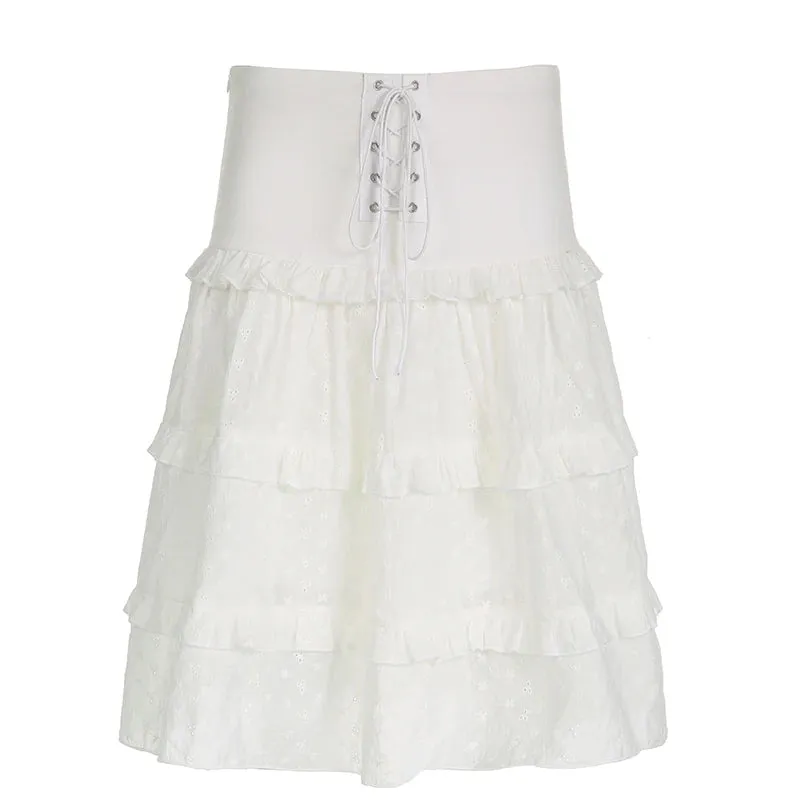 Boho Chic White Jacquard Low Waist Midi Skirt Summer Holidays Lace Up Fashion Female Skirt Ruffles Patchwork Stitched