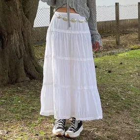 Boho Vacation White Maxi Skirt Lace Trim Stitched Fashion Chic A-Line Loose Y2K Aesthetic Women Skirts Long Clothing