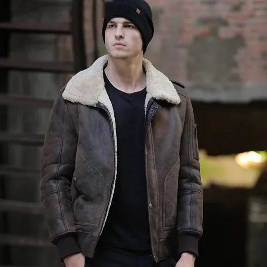 Brown RAF Aviator Flight Shearling Sheepskin Leather Jacket for Men