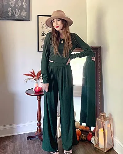 BTFBM Women Two Piece Lounge Set Long Sleeve Bodycon Christmas Crop Top Loose Wide Leg Pant Casual Outfits Sweatsuit(Solid Army Green, Medium)