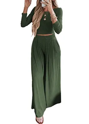 BTFBM Women Two Piece Lounge Set Long Sleeve Bodycon Christmas Crop Top Loose Wide Leg Pant Casual Outfits Sweatsuit(Solid Army Green, Medium)